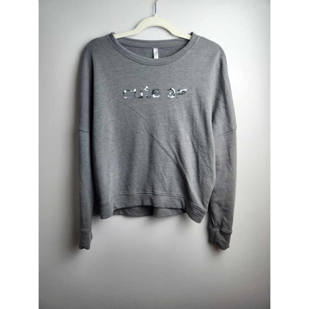 Fabletics Cute AF drop shoulder sweatshirt gray camo print sz L crop no mat tag